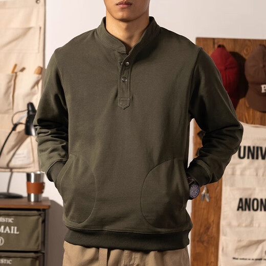 Kazuki Kuraishi KAZUKI KURAISHI trendy brand retro Henley collar sweatshirt for men 2025 autumn and winter Japanese pullover stand collar pure cotton heavyweight long-sleeved Henley shirt Army Green 3XL