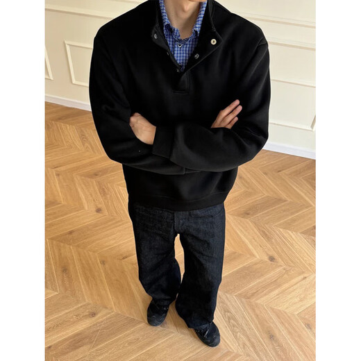 Lingbo (XUANSENTU) light gray American plaid fake two-piece sweatshirt men's autumn Henley collar polo shirt cle gray fabric upgrade 2XL