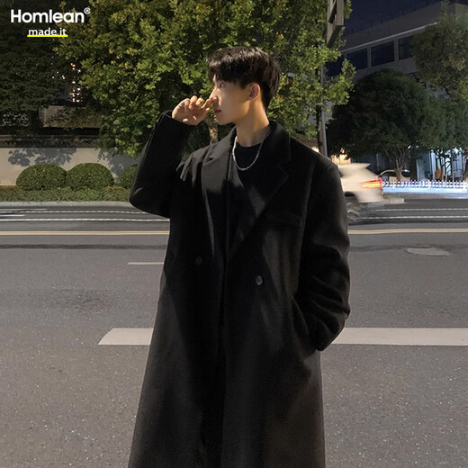 Homlean woolen coat jacket men's autumn and winter mid-length Korean style high-end loose knee-length woolen windbreaker HT21 black M