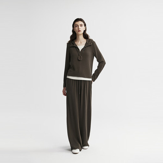 Virgin cotton relaxed feeling lazy knitted sweatshirt suit for women 25 autumn new fake two-piece hooded sweatshirt loose straight pants pine cone brown-casual pants S