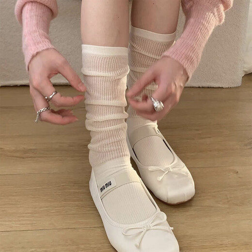VCICTIOLIA Jeju Island girls ballet style socks women's mid-calf socks white semi-transparent summer thin calf pile socks calf milky white 2 pairs one size fits all