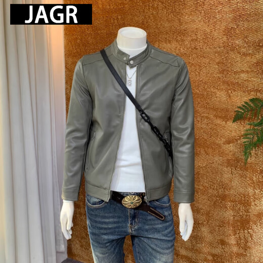 JAGR trendy brand leather jacket men's casual imitation leather jacket top versatile trendy men's jacket gray green M