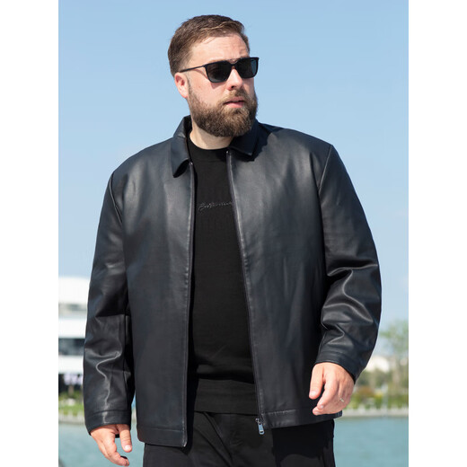 Jiujiu Wang Jiu Mu Wang Large Size Men's Leather Jacket 2025 Winter Fatty Plus Velvet Windproof Warm Loose Lapel Executive Jacket Black L (125-135Jin Jin equals 0.5kg)