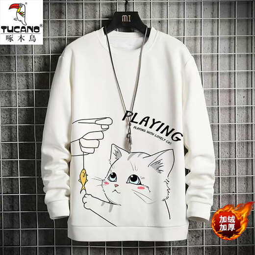 Woodpecker long-sleeved T-shirt men's autumn and winter trendy brand loose round neck bottoming shirt youth casual sports velvet sweatshirt clothes fishing cat white XL