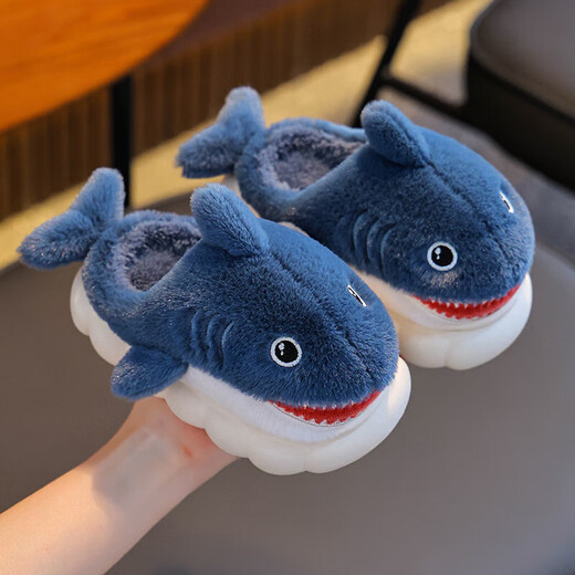 Winter children's cotton slippers, boy's shark bag heel, warm and furry, cute girl's home baby anti-slip cotton slippers, blue slippers 12, 28/29 size (shoe length 17CM, suitable for feet 16