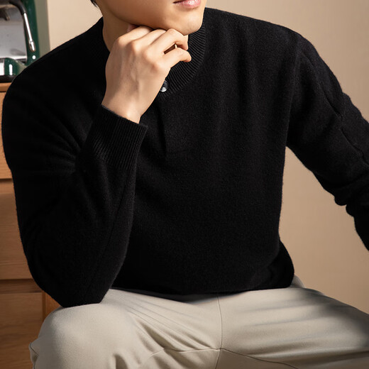 Pierre Cardin light luxury 100% pure cashmere sweater Henry collar thickened sweater for men winter l old money style casual warm knitted base black thickened XL 135-150Jin Jin equals 0.5 kg