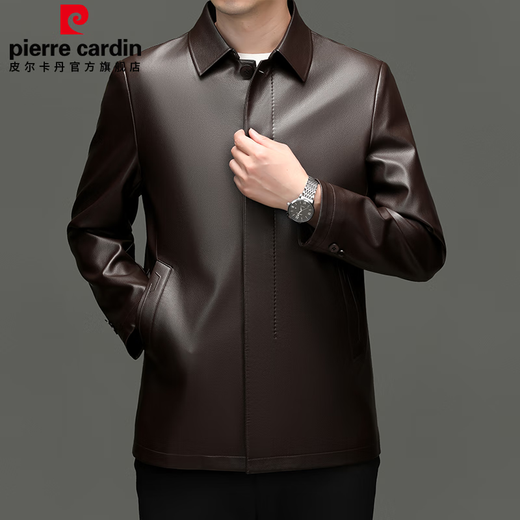 Pierre Cardin leather jacket for men in autumn and winter, middle-aged velvet thickened lapel coat, warm leather jacket, middle-aged and elderly men's top