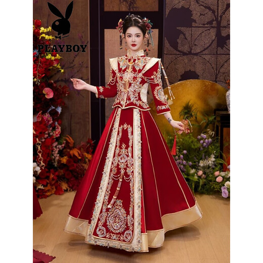 Playboy (PLAYBOY) velvet bridal Xiuhe suit 2025 new Chinese wedding dress out of the pavilion wedding toast dress slim wedding dress petite LT2025 official flagship version S
