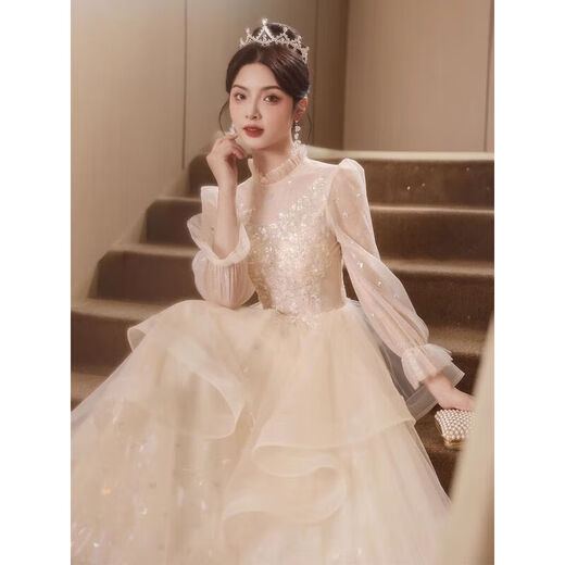 Ovivo wedding dress bridal main yarn 2025 champagne color evening dress skirt female end banquet host birthday art test adult champagne color S