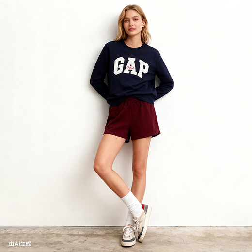 GAP Men's and Women's 2025 Autumn New Letter Logo Fleece Round Neck Sweatshirt Fitted Simple Top Navy Blue S US Size M Asian Size 175/92A