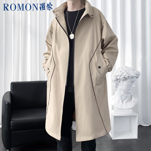 ROMON windbreaker jacket men's mid-length autumn and winter high-end business casual cloak coat men's khaki L