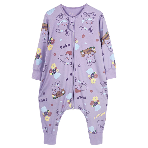 Purple flower language 100% cotton children's one-piece pajamas spring and autumn baby boys and girls anti-kicking sleeping bag purple 130