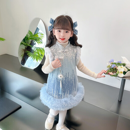 G.duck little yellow duck children's clothing girls dress autumn and winter 2026 new children's cheongsam dress little girl winter vest dress sky blue 90 (recommended height 80-90 1 year old - 2 years old)