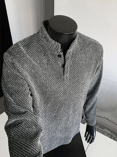 Yingtang American Henry Collar Sweatshirt Men's Spring and Autumn Heavyweight Right Shoulder Bottoming Shirt Loose Jacket Top Men CQS-3309 Gray M