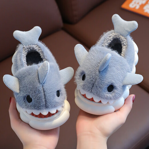 Yi Cong children's cotton shoes winter cartoon shark boys and girls indoor non-slip baby plush parent-child home children's cotton slippers gray cotton shoes shark style 22-23 size inner length 13.5 about 1-2 years old