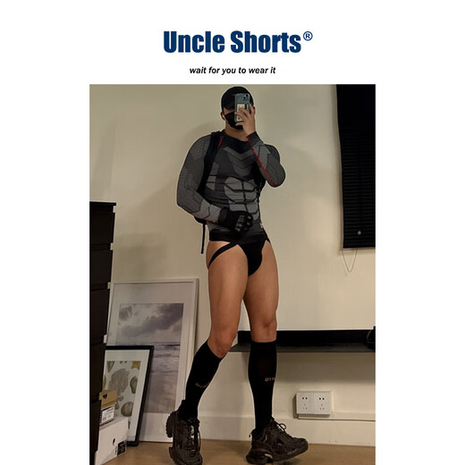 Uncle Shorts sexy sports thong men's cotton low-waisted leg straps butt lift triangle briefs black_Sporty sexy double briefs M_100-130Jin Jin equals 0.5 kg