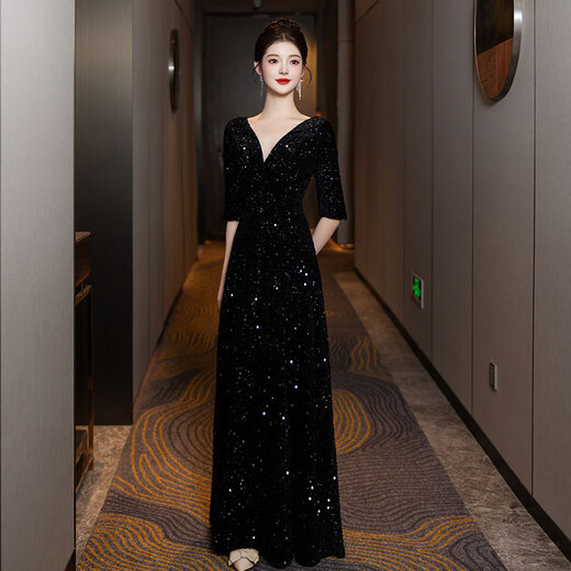 Chuangjingyi Selects Evening Dress Feminine Banquet High-End Luxury Black Art Exam Host Piano Conductor Sequined Party Dress Black S