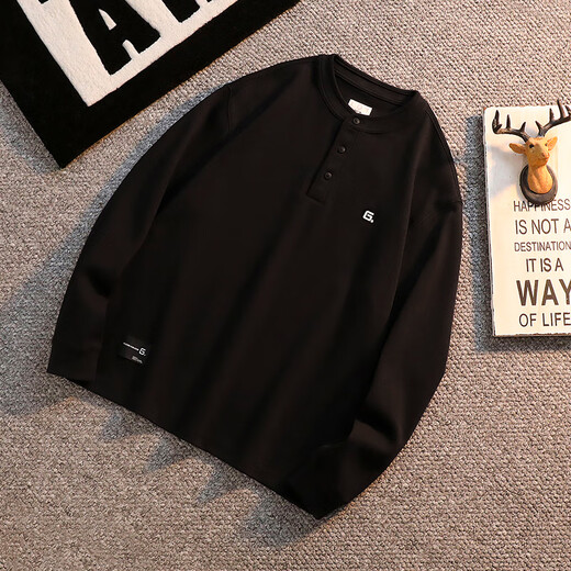 Kuraishi Kazuki autumn and winter trendy brand new American Henry collar long-sleeved T-shirt sweatshirt men's velvet Henry shirt jacket top clothes black M