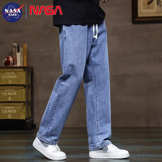 NASA BASE牛仔裤男秋冬加绒男士2025新款弹力潮款男裤宽松直筒休闲阔腿裤子 黑灰 L （建议110-125斤）
