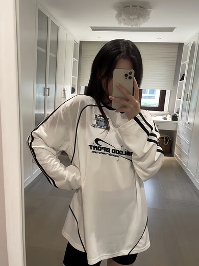 Badblood Korean trendy brand long-sleeved jersey women's loose retro casual round neck top couple American new style white S