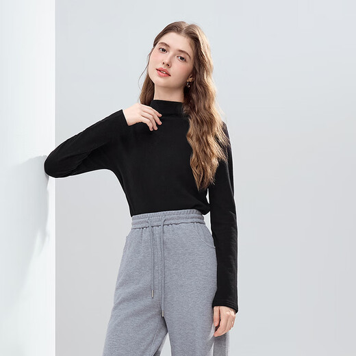 Betu women's 2025 winter new T-shirt elastic comfortable long-sleeved tops bottoming shirt simple inner wear for women 2510T96 black L