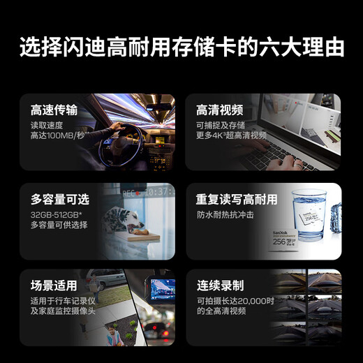 闪迪（SanDisk）256GB TF（MicroSD）4K内存卡 行车记录仪 监控摄像头专用 20,000小时录制 重复读写高耐用存储卡