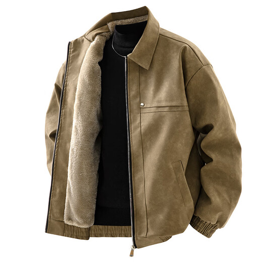 Dingfengbaoluo American PU leather jacket men's autumn and winter velvet thickening loose high-end warm leather jacket XHR72 black L