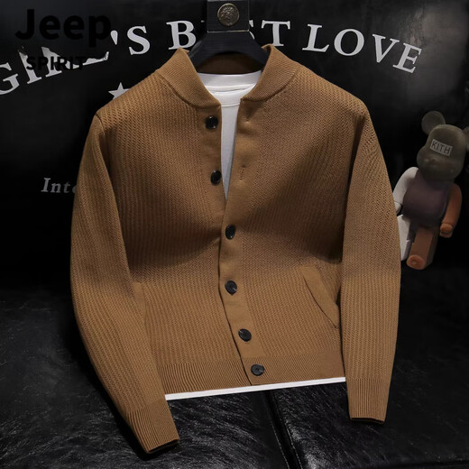 JEEP SPIRIT2025 Autumn and Winter New Solid Color Stand Collar Knitted Cardigan Jacket Men's Versatile Sweater Henry Collar Sweater Caramel Color M 100-115Jin Jin is equal to 0.5 kg