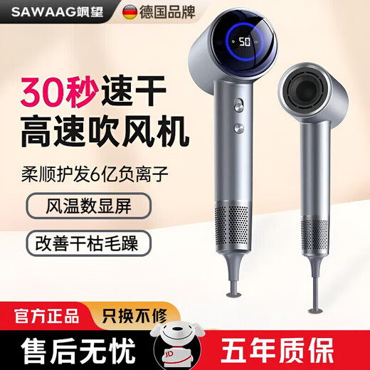 Sawang Germany Hair Dryer Home Silent Negative Ion High Power Non-Hazardous Hair Care Hair Dryer Leafless Hair Dryer Quick-drying Hotel Hair Salon Girlfriend Wife Portable Style Sky Gray Wind Temperature Digital Display Magnetic Air Nozzle