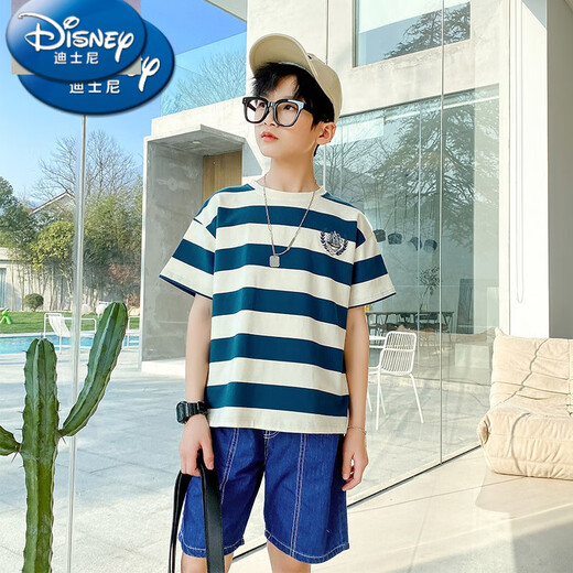 Camiseta a rayas de Disney Boy Camiseta de manga corta 2025 Summer NUEVA CORA COREANA COREANA Top Big Children Street Algodón Half-manga 9732 Striegas + 1227 Negro [comerciante, ropa de moda 120 cm
