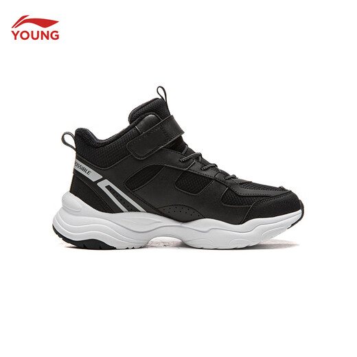 Li Ning children's shoes, children's cotton shoes, sports shoes, men's and women's, velvet, reflective, water-repellent, mid-top casual shoes, YKCU224, velvet, black-9 34