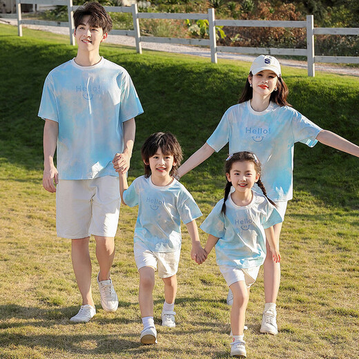 黯嗒嗒高端子装夏装2024新款一家三口四口母子母女套装童装短袖T 755扎染蓝色T恤 90 宝宝码(18-22斤)