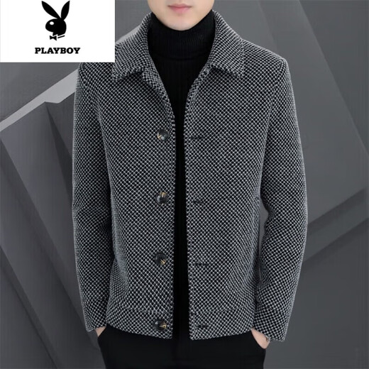 Playboy high-end woolen jacket men's autumn and winter new lapel thickened clothes winter casual jacket men's gray high quality 2XL 140-155Jin Jin equals 0.5 kg