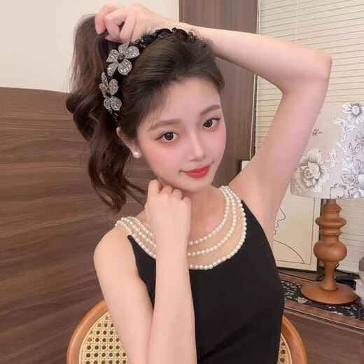 Xiao color headband for women 2025 high-end three-dimensional floral rhinestone hairpin French elegant retro style high skull headband F3596 flower headband-black