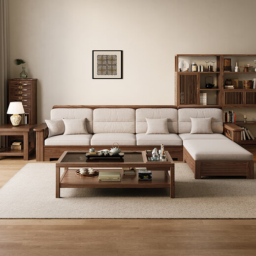 Small wooden nest sofa, mid-century style ash solid wood sofa, simple home living room combination, winter and summer dual-use small apartment furniture, straight row of four people (2+2), high box storage