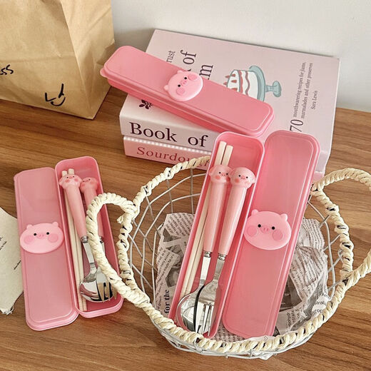Cute little pig girl spoon fork student chopsticks stainless steel cutlery set cartoon three-piece storage box portable spoon + fork + chopsticks free storage box