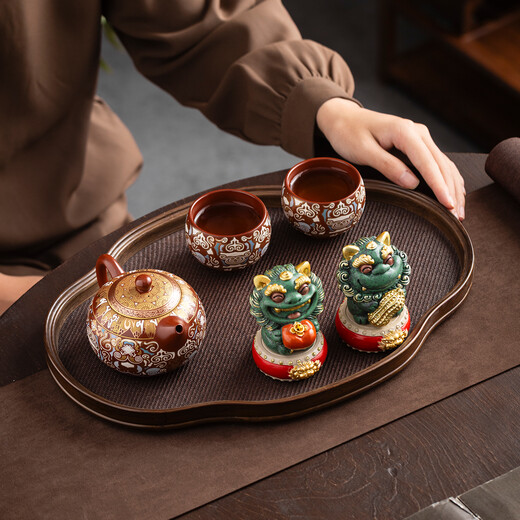 Jinshantang Dunhuang Purple Clay Tea Set One Pot Two Cups Pixiu Desktop Ornaments Creative Gift Box for Elders as Holiday Souvenirs Two Dunhuang Purple Clay Tea Sets + Good Things Happen-Smooth Wind Smooth Water Gift Box 7 Pieces