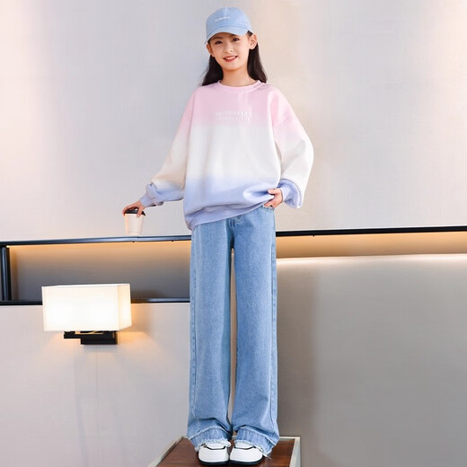 Pitt Girls Sweatshirt Frühling und Herbst 2025 Neuer Herbstanzug Girls -Gradient Langarm Mode Kinder -Top -Herbst 4891 Pink -Ablauf + 13068 Jeans [Set] 160 cm