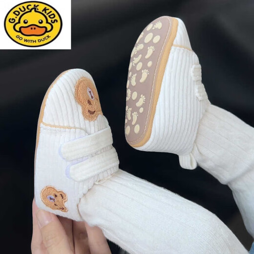 G.duck小黄鸭婴儿鞋秋冬季0-1岁新生儿卡通鞋子男女宝宝软底灯芯绒保暖 诺_卡其（大熊_灯芯绒） 11 S