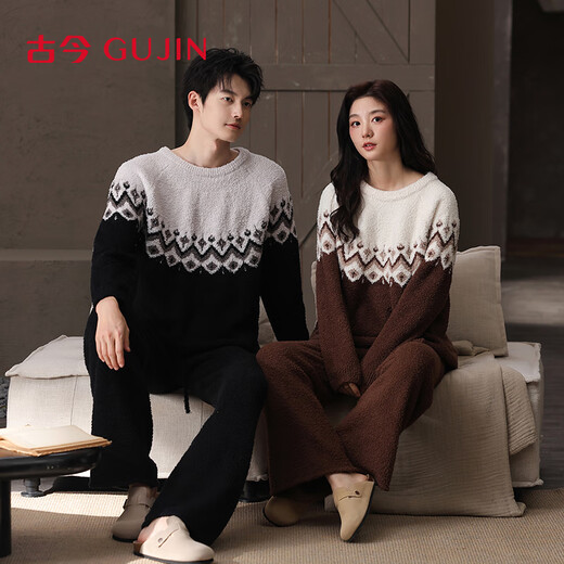 Ancient and modern (GUJIN) couple Fair Isle style pajamas for men and women, half-velvet autumn and winter sweaters that can be worn outside, home clothes, thickened large size suits