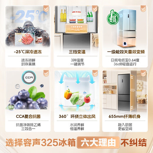 Rongsheng 325-liter double-cycle French multi-door four-door double-door first-class energy efficiency dual-frequency air-cooled frost-free ultra-thin recessable small-family household refrigerator national subsidy BCD-325WD18MP Mo Yun Gray