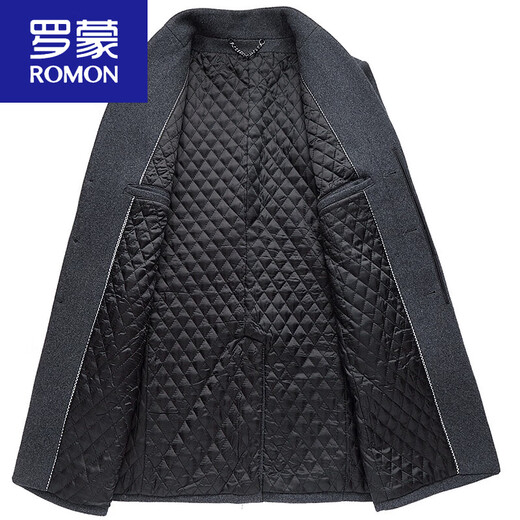 ROMON cashmere coat men's slim winter cotton thickened middle-aged men's stand collar mid-length woolen coat new product gray quilted autumn and winter 5XL 200