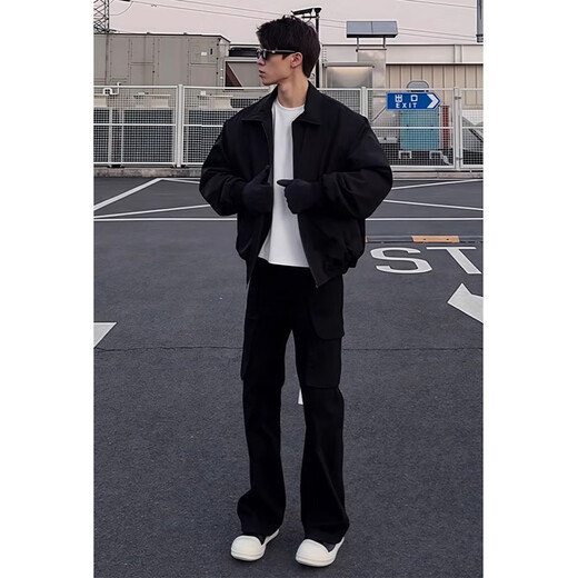 7 high-quality Hong Kong style casual jackets for men, autumn and winter quilted warm lapel jackets, men's work clothes, pilot cotton coats, cotton clothes, GWHG-3386 black XL