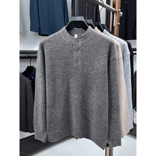 TOMMY JEANS2025 new Korean style small stand-up collar pullover sweater for men in autumn and winter casual solid color simple Henry collar knitted bottoming shirt medium gray M