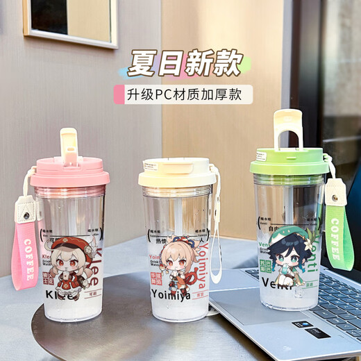 Jiuyao Nasida figure Genshin Impact Cartoon Large Capacity Sports for Students, Men and Women Plastic Anti-fall Straw Water Cup BXAO15941 Dada Three Drink Design [500ML Blue]-Painted Print