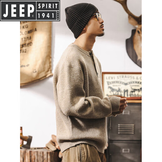 JEEP SPIRIT American retro 630g heavyweight sheep sweater men's winter Henry collar sweater thickened sweater jacket autumn and winter Khaki 630g heavyweight M suitable for 100-125Jin Jin equals 0.5 kg