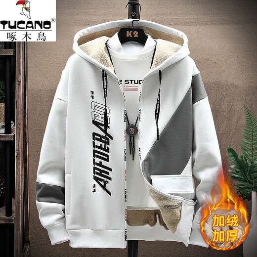 Woodpecker (TUCANO) sweatshirt men's autumn and winter new fashion simple hooded velvet thickened jacket men's comfortable and versatile winter sportswear A516 white velvet XL (about 120-135Jin Jin equals 0.5kg can be worn)