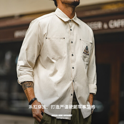 Madden workwear American retro long-sleeved shirt men's Indian totem patchwork pocket stacked cotton shirt autumn off-white L
