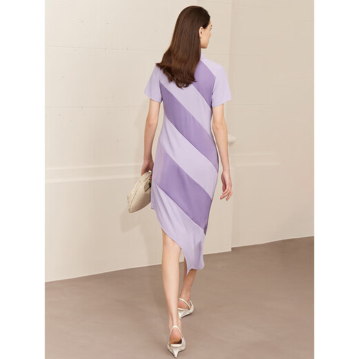 AMII Women's 2025 Summer New POLO Collar Stitched Diagonal Dress Little Black Skirt Feel Taro Purple S 155/80A
