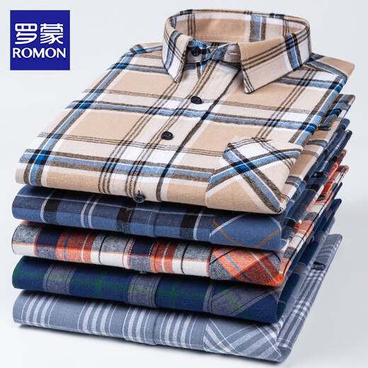 罗蒙（ROMON）全棉磨毛格子男士长袖衬衫休闲百搭中年爸爸装纯棉衬衣加大码外套 亮宝蓝色 R2-866 39【适合125斤左右】